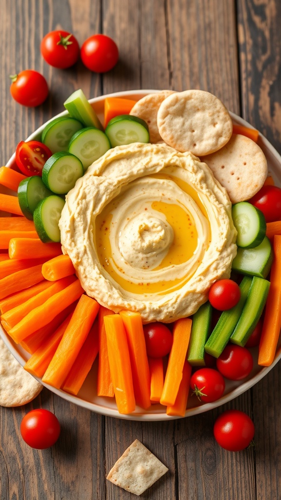 A colorful plate of hummus with assorted fresh vegetables and pita chips on a rustic wooden table.